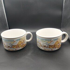 2 Vintage Sunnycraft Stoneware Collection Hand Decorated Soup Mugs 23303 Korea